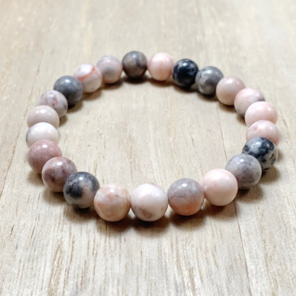 8mm Pink & Gray Jasper Chakra Stretch Bracelet - Picture 7 of 8